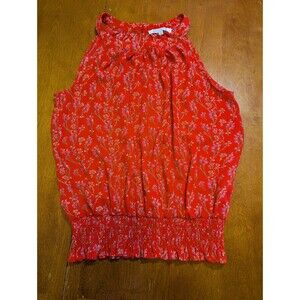 Rose + Olive Red Floral Smocked Waist Halter Blouse Sleeveless Top Medium Boho